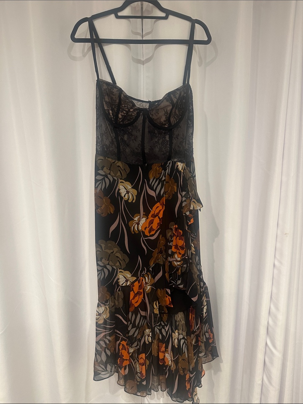 Katie May Black Lace & Floral Asymmetrical Slip Dress